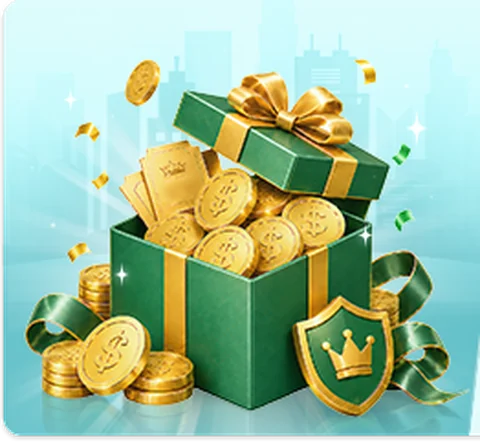 Peti hadiah hijau berisi koin emas dan perisai mahkota dari banner resmi e88