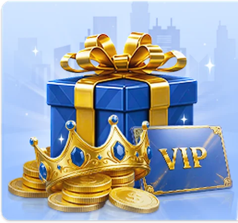 Kado biru dengan pita emas, mahkota, koin, dan kartu VIP dari banner resmi e88